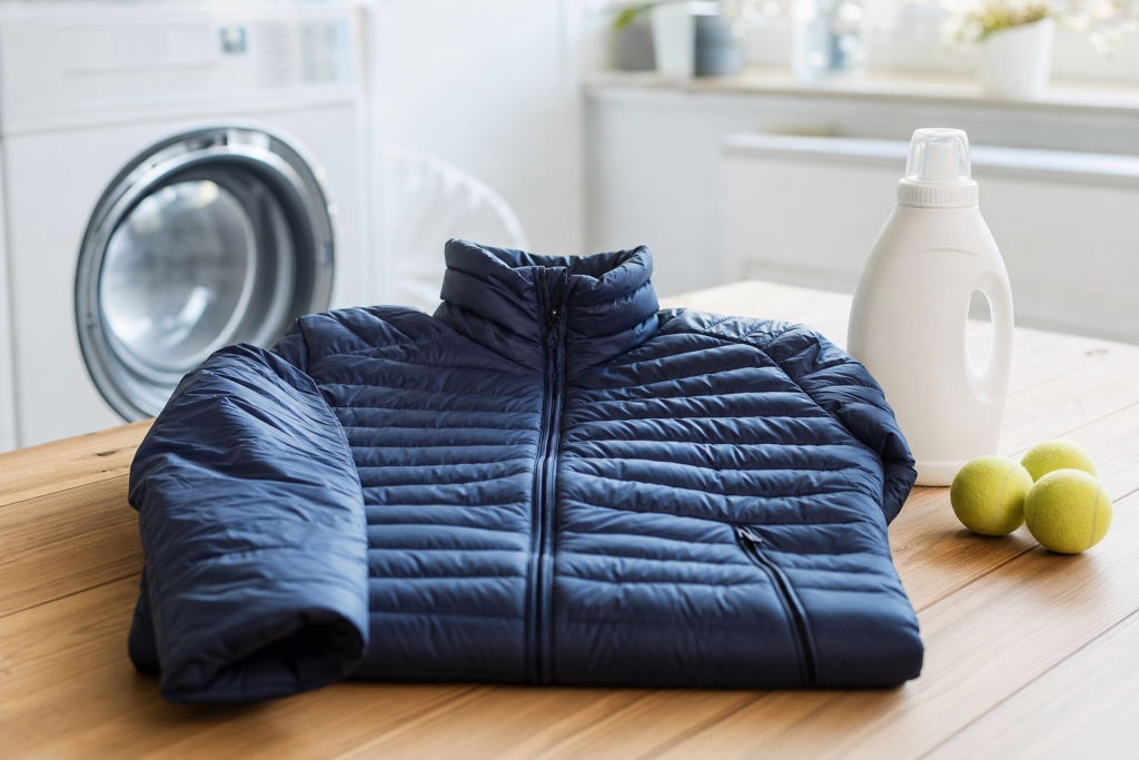 Daunenjacke liegt mit Daunenwaschmittel und drei Tennisbällen auf einem Holztisch vor der Waschmaschine